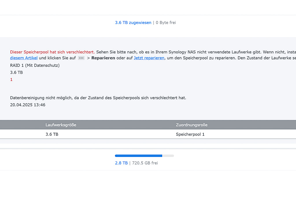 Synology Oberfläche Fehlermeldung