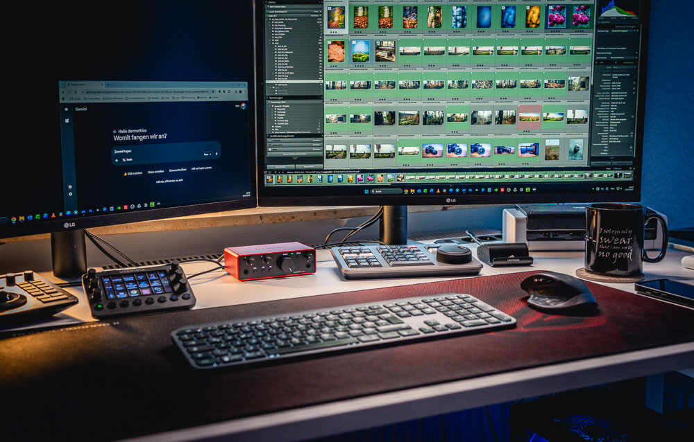 Desktop clean, zeigt Lightroom geöffnet und Gemini Startbildschirm