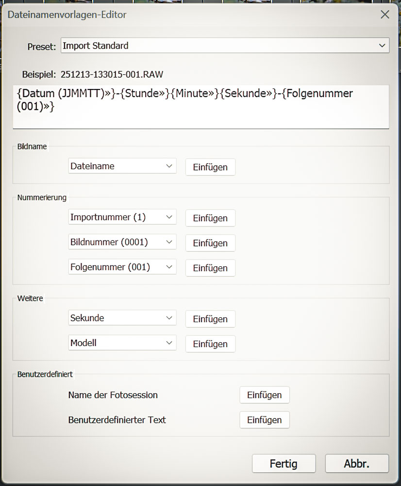 Screenshot Lightroom zeigt Import Datei Umbenennung neue Struktur